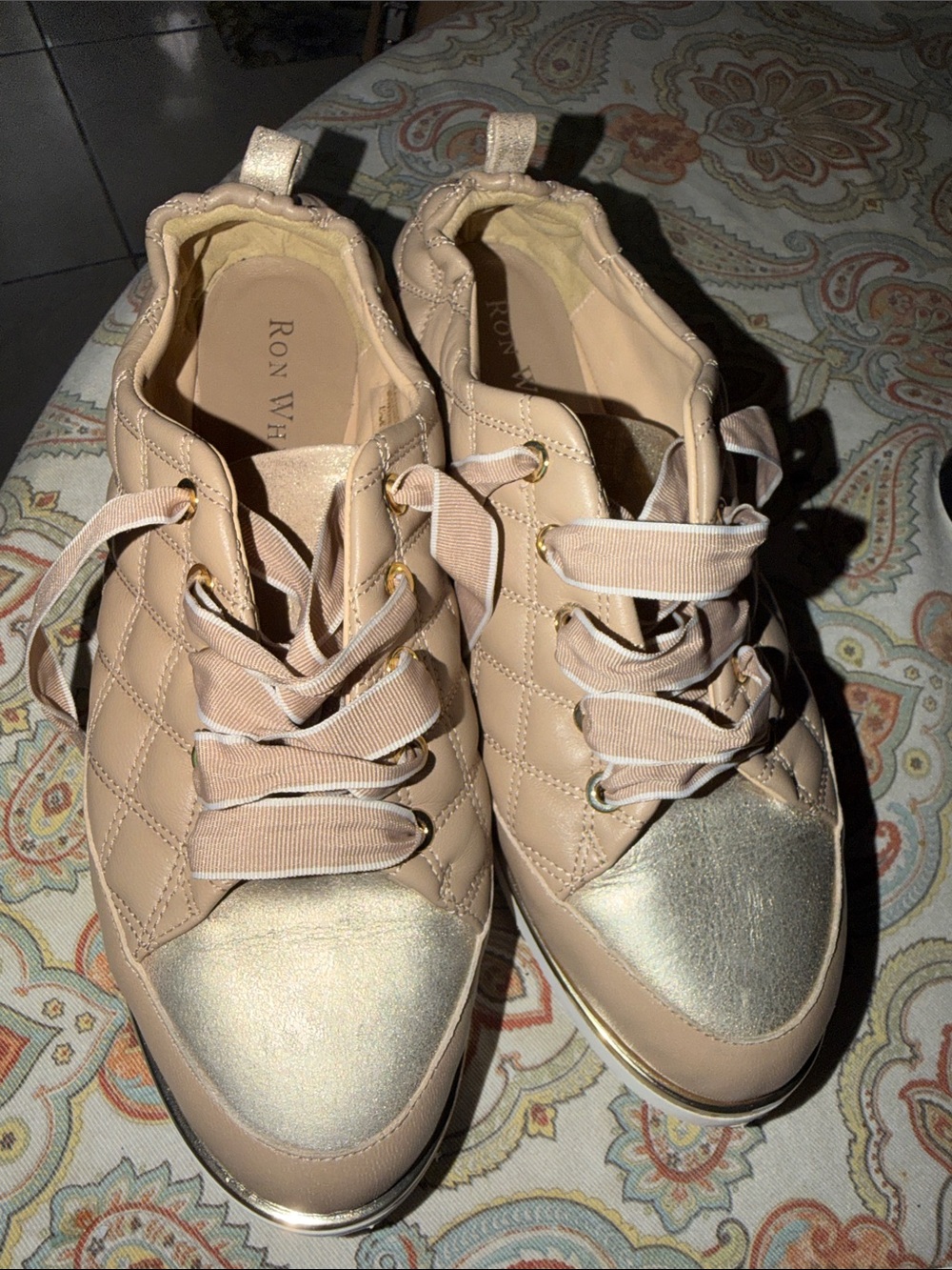 Quilted Ribbon Lace Sneakers in Blush with Metallic Gold Toe